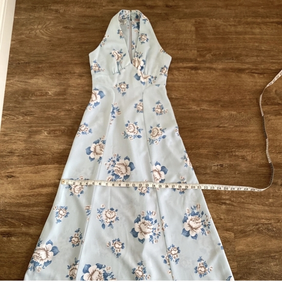 Vtg 70s Richard Shops maxi halter neck A line floral rose pale baby blue dress - Picture 4 of 8